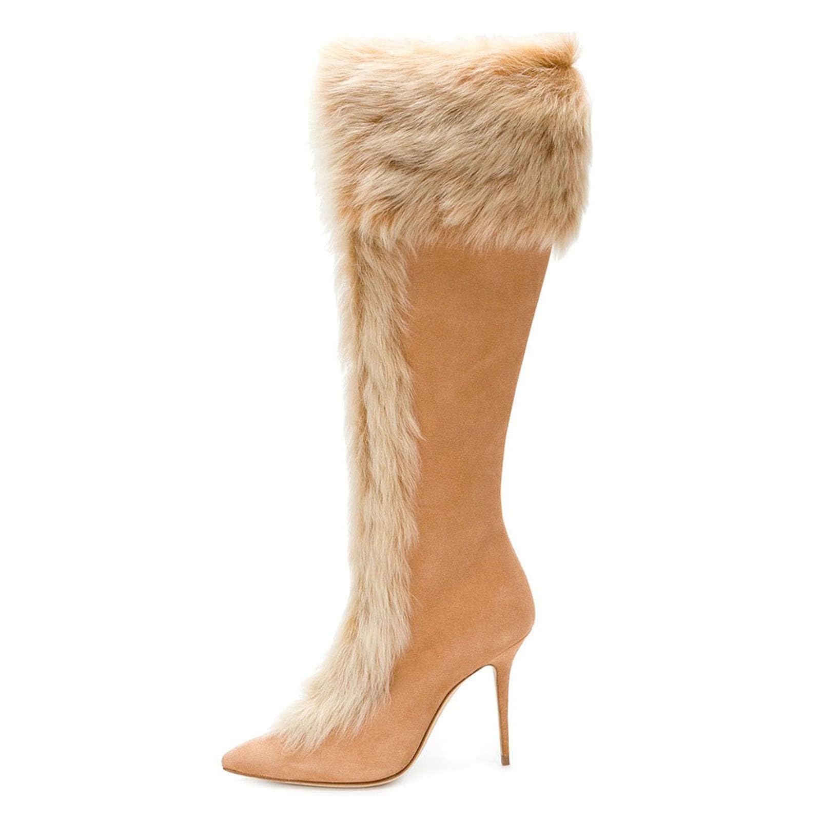 Winter Suede Stiletto Heeled Knee-High Boots With Pointed Toe Sweet Style Womens Faux Fur High-Top Snow Boots