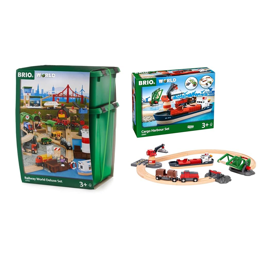 BRIO 33766 - Großes Premium Set, Kunststoffboxen, Bauernhof Tiere & World 33061 Container Hafen Set - Mit Hafenbrücke und beweglichem Kran