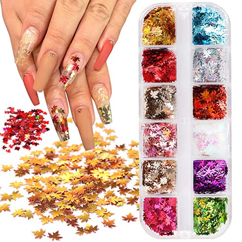 12 Colors Fall Nail Art Stickers Maple Leaves Nail Sequins Autumn Nail Art Accessories 3D Maple Leaf Glitter Nail Flakes Acrylic Nails Design Supply Holographic Nail Sparkle Glitter for Nails Decor