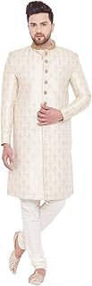 vastramay Men's Beige And Gold Silk Blend Sherwani Set-picture-14