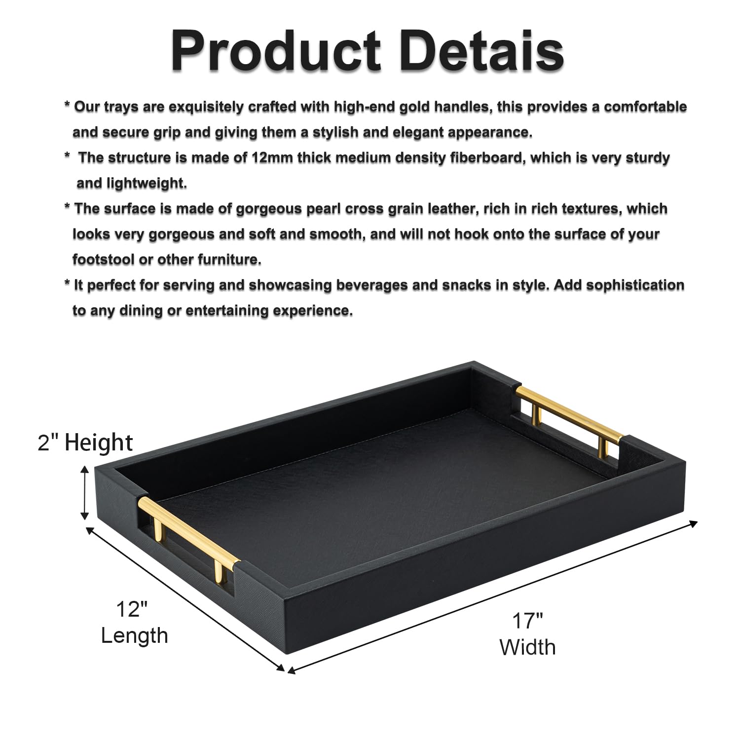 Bandeja Rectangular Negra con Asas Doradas para Fiesta, Bandeja Decorativa de Madera Grande para otomana, Bandeja de Mesa de café de Piel sintética