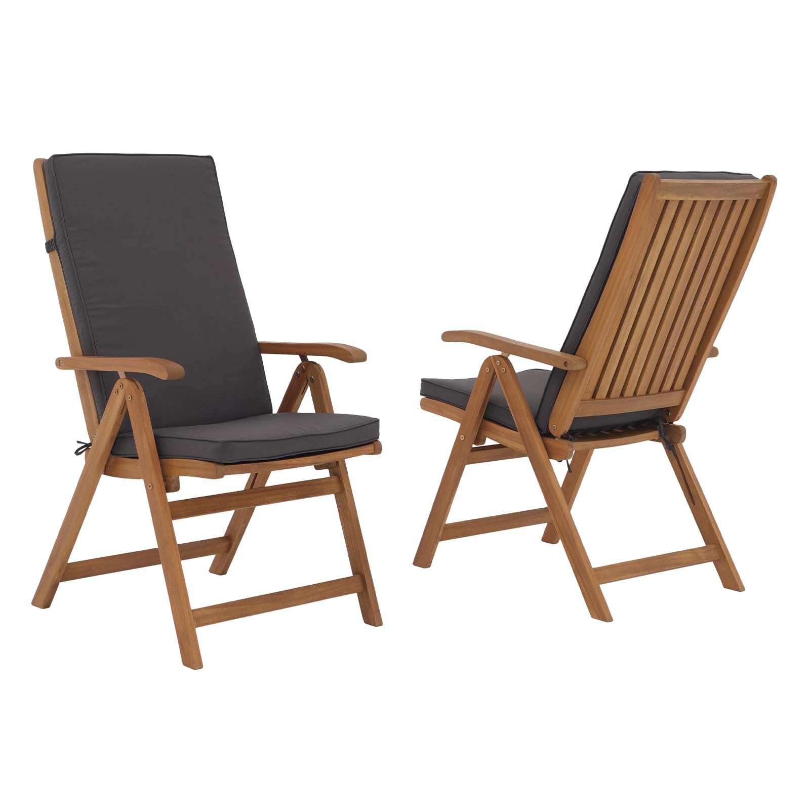 OC Orange-Casual Folding Patio Dining Chair Set of 2, Outdoor Acacia Wooden Reclining Chair w/Armrest & Removeable Cushion, Solid Wood, for Porch,