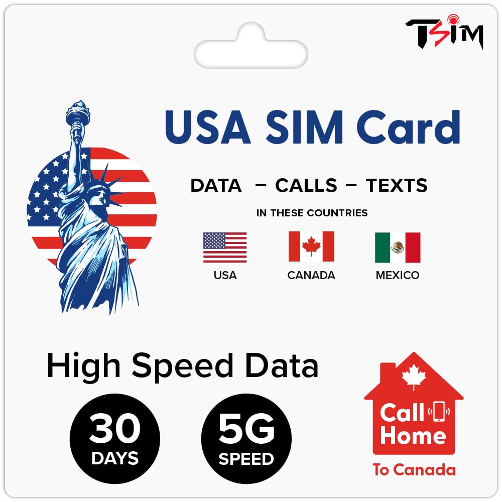 Tarjeta SIM EE. UU. para 30 días | Datos, Llamadas y Mensajes ilimitados en EE. UU., Canadá y México | Prepagada | Compartición de Internet/Hotspot/Tethering | Datos 5G de Alta Velocidad