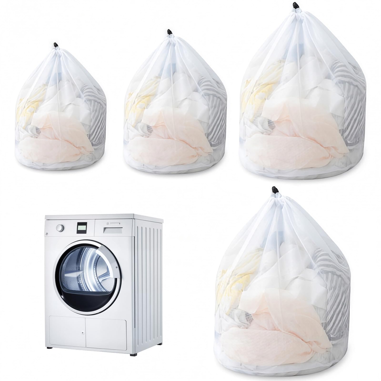 4 PCS Mesh Laundry Bags with Drawstring, Multi-Pack Laundry Net Bag Large Wash Bag for Delicates Durable Washiing Bags for Washing Machine (White)
