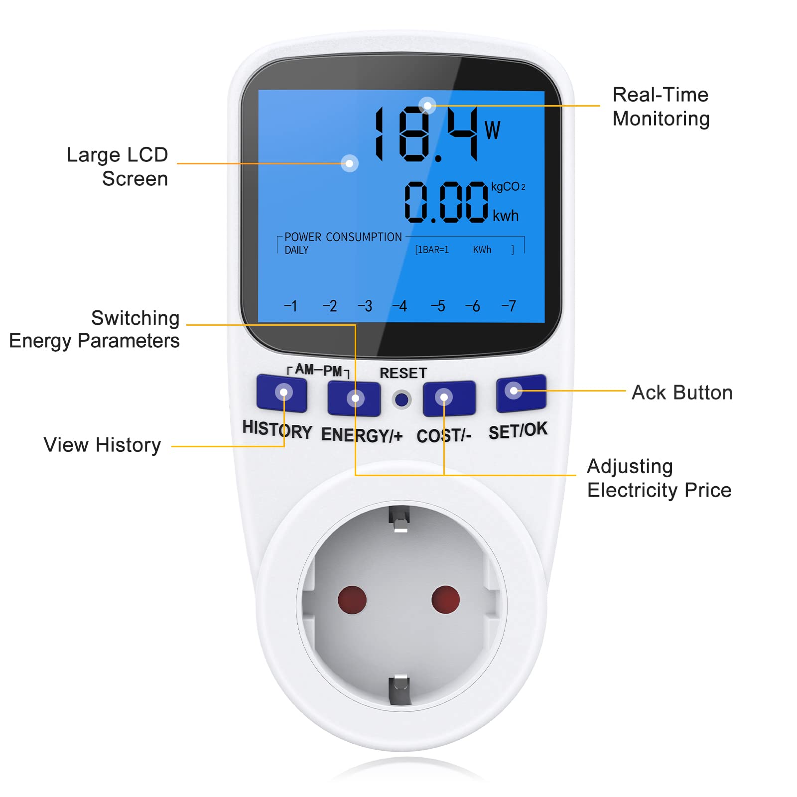 Maxcio Misuratore di Potenza con Doppia Tarrifa, Misuratore Consumo Elettrico Digitale con Protezione da Sovraccarico e Interruzione di Corrente, Display LCD Retroilluminato 180° Leggibile. Max 3680W