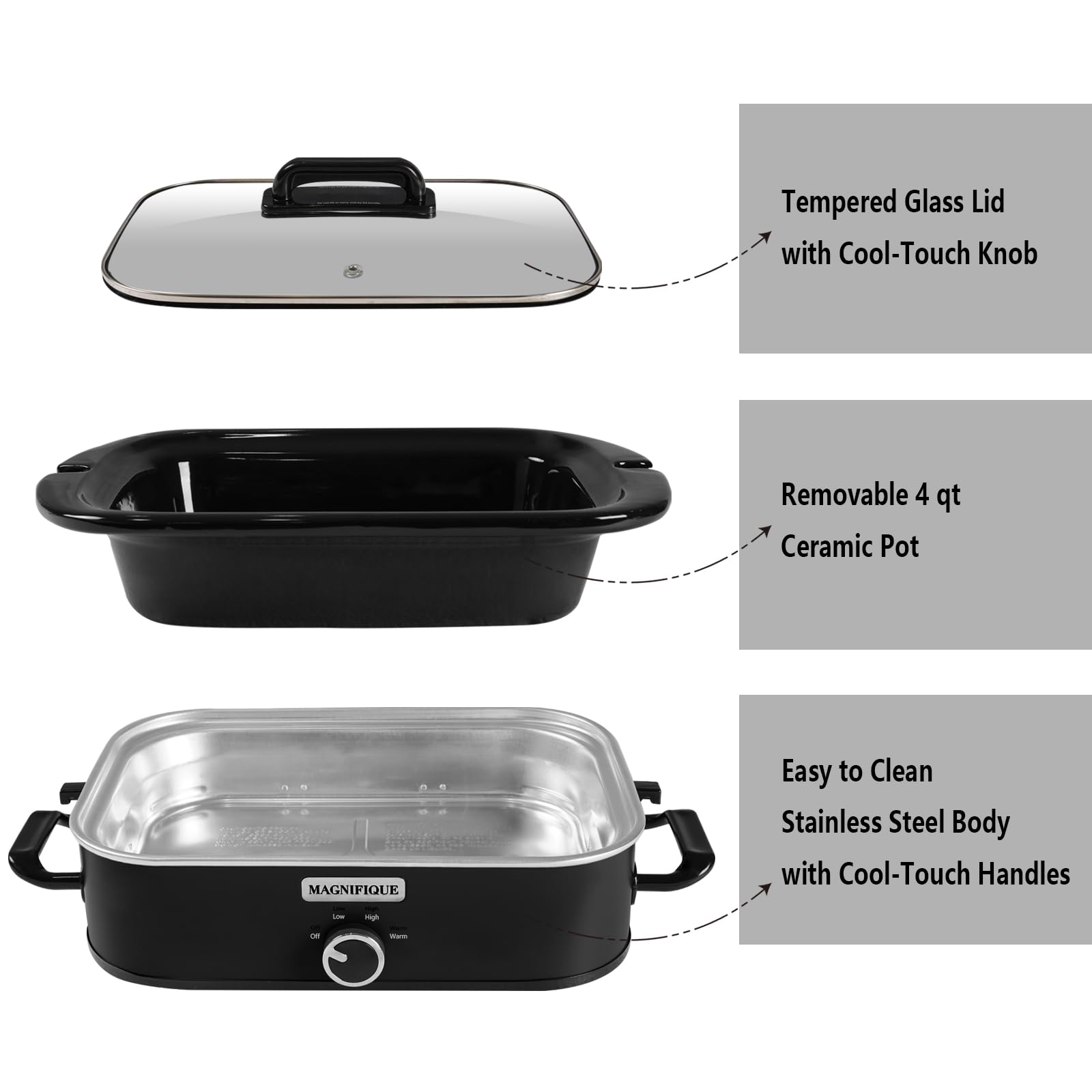 INDY VAC Pentola a cottura lenta 4 quarti gallone con regolazione manuale a caldo, perfetto per piccoli elettrodomestici per cene di famiglia, lavabile in lavastoviglie, nero