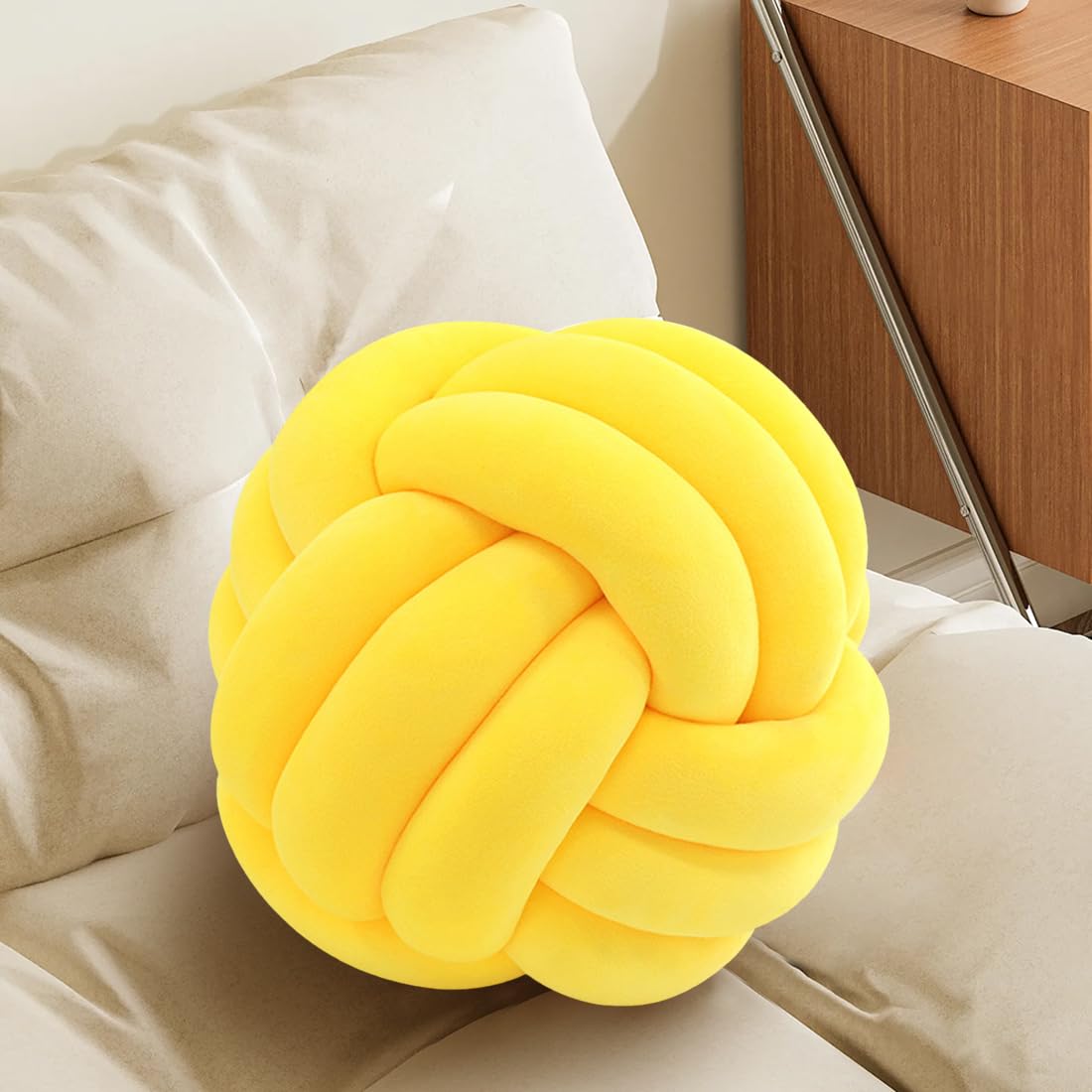 KUCCO Knoten-Plüsch-Überwurfkissen, rundes Ballkissen, Kinderzimmer-Dekoration, Plüschspielzeug, Fotografie-Requisiten (Gelb, 20 cm) | Weiches Plüsch-Kugelkissen, handgeknüpft, für Sofa, Couch und Schlafzimmer, niedlicher Heimdekor-Akzent