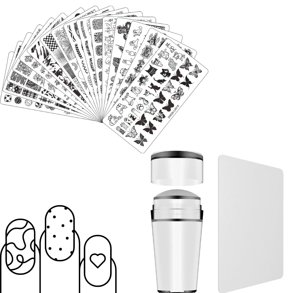 Nail Art Stamping Design Kit Rectangular Steel Design Plates and Silicone Stamper & Scraper Combo (2 Plates & 1 Stamper)