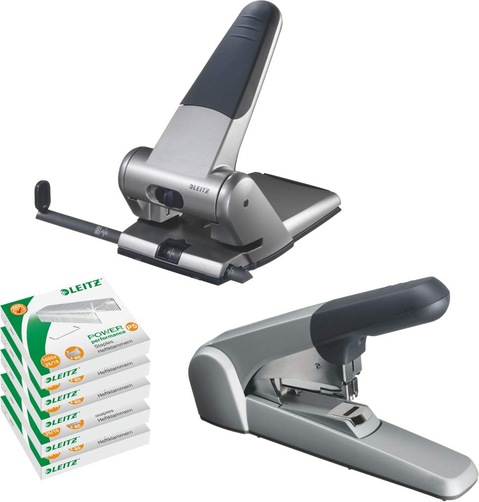 Leitz Extrastarker Registraturlocher, 65 Blatt, Anschlagschiene mit Formatvorgaben, Aluminium-Druckguss, Silber, 51800084 (Silber | Set mit Hefter und Klammern)