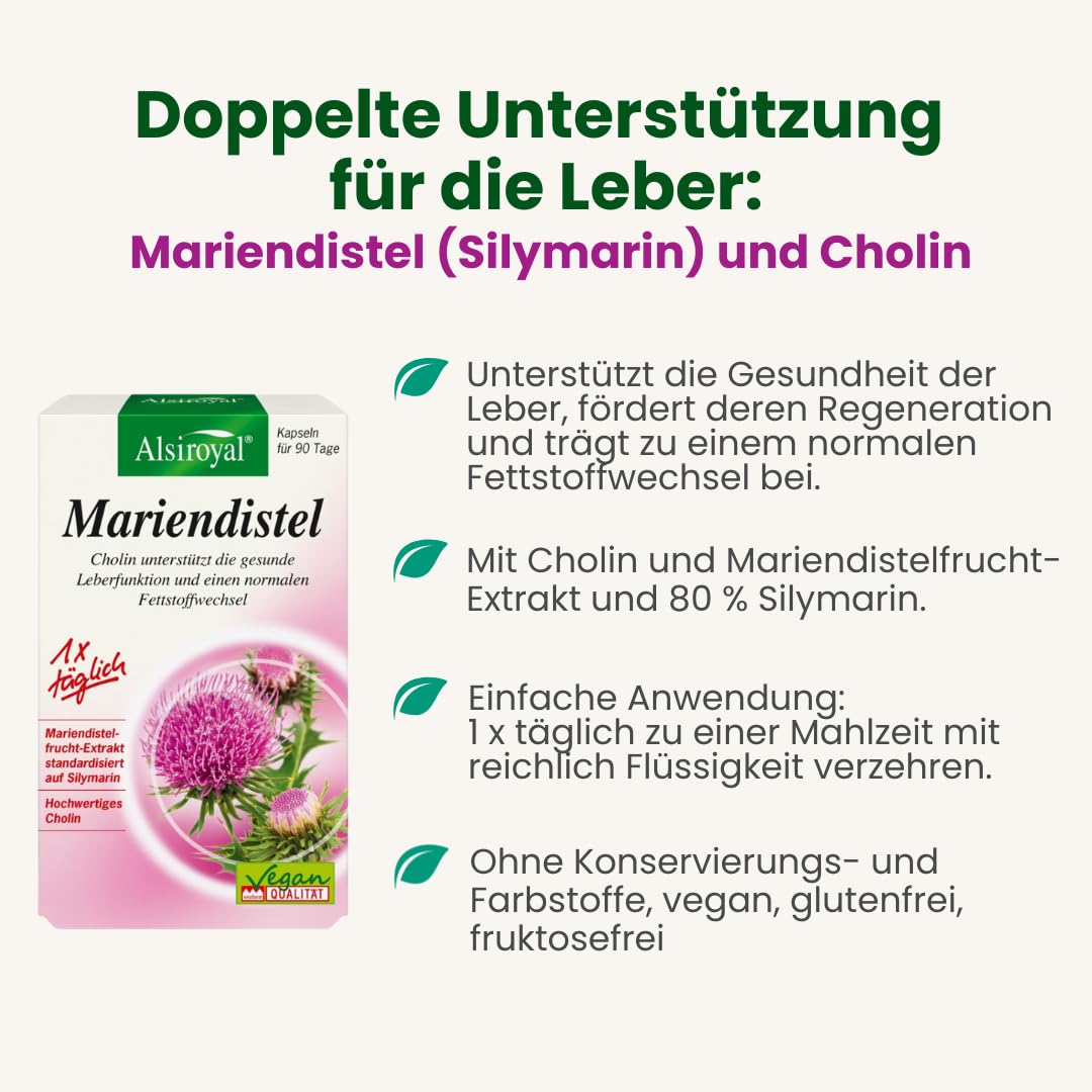 Alsiroyal Mariendistel Kapseln plus Cholin · Leberkomplex · hochdosiert | Mariendistel standardisiert auf 80% Silymarin · Cholin für Leberfunktion & Fettstoffwechsel · nur 1 Kapsel täglich · vegan