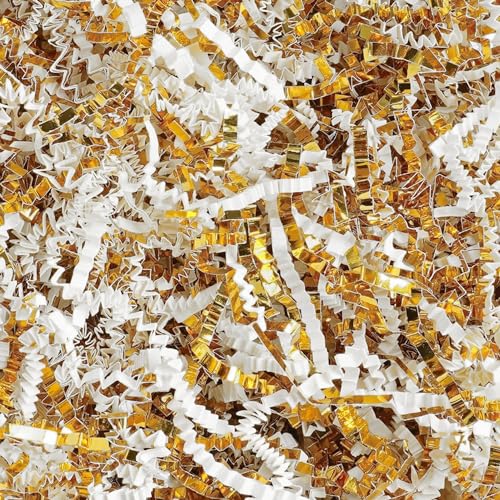 Uptotop 1/2 LB Crinkle Cut Paper Shred Filler for Gift Wrapping Gift Basket Filling Perfect for Birthday Christmas Thanksgiving Halloween Easter Valentines Day Mothers Day Fathers Day Wedding & Holiday Decor White and Gold