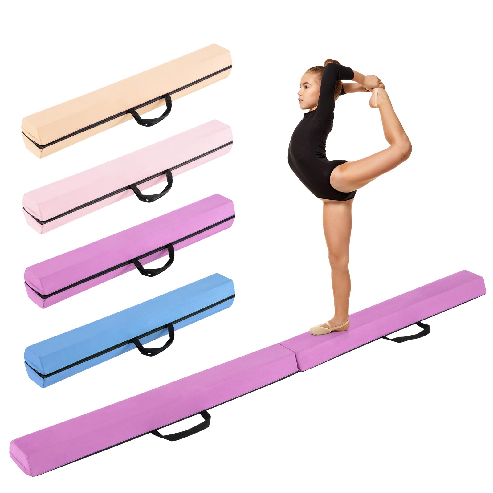COSTWAY Trave Ginnastica per Bambini per Casa 210 cm, Trave di Equilibrio Pieghevole e Portatile con Manici, Copertura in Suede Rimovibile e Fondo Antiscivolo