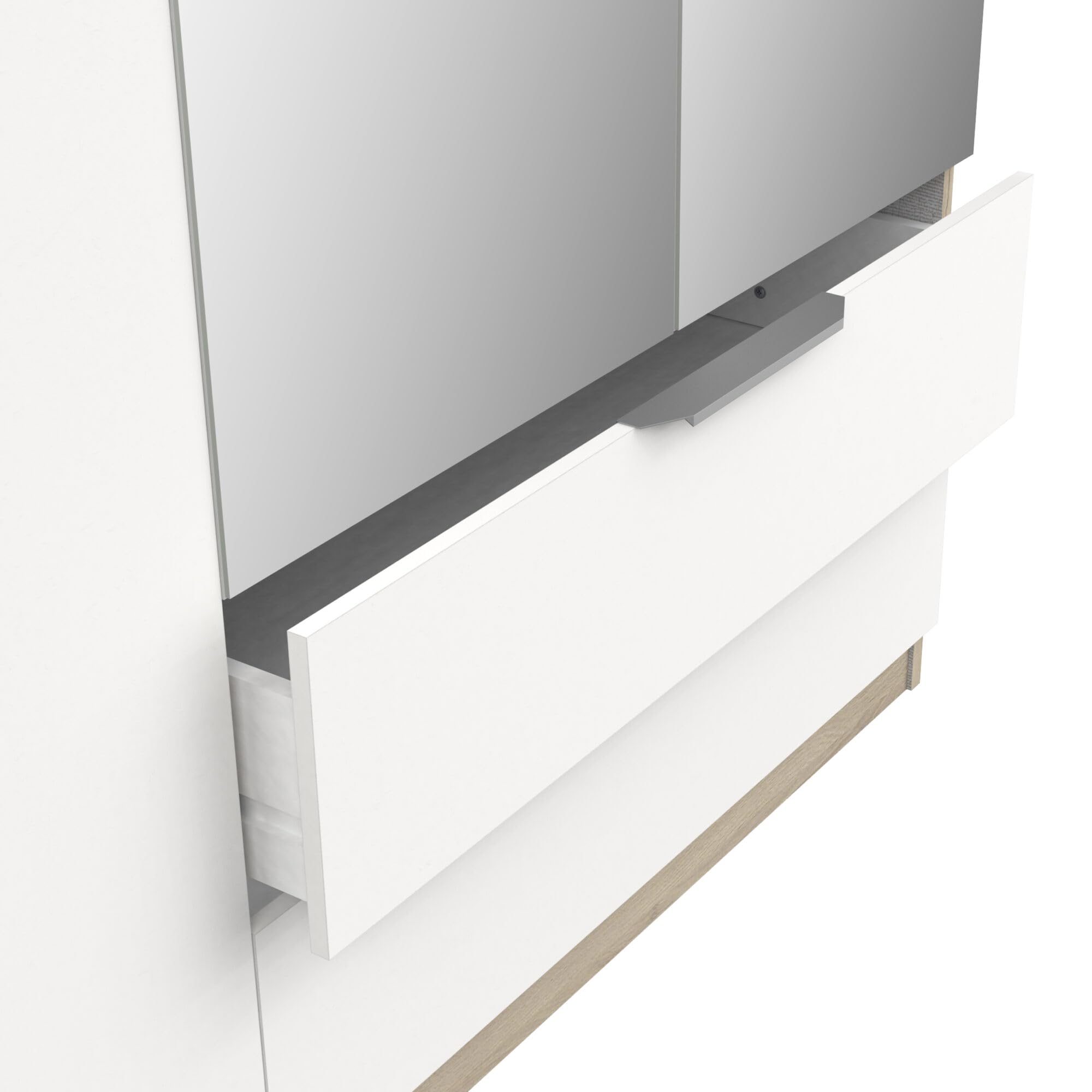Demeyere Vestidor con Espejos y Armario Moderno 4 Puertas 5 estantes 2 cajones, Color Roble Kronberg y Blanco Mate, 157,3 x 51,1 x 203 cm, Madera de ingeniería