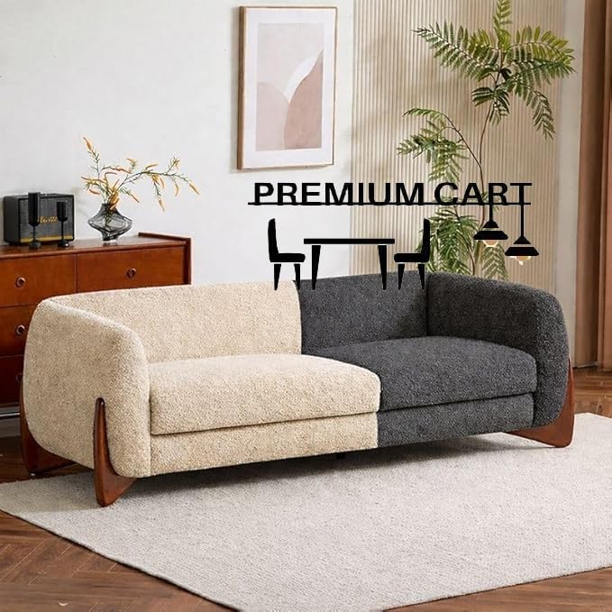 Image of Upholstered 3 Seater Sofa Three Seater Sofa with Wooden Legs for Living Room Hotels & Offices (Boucle Dark Grey & Beige Boucle)
