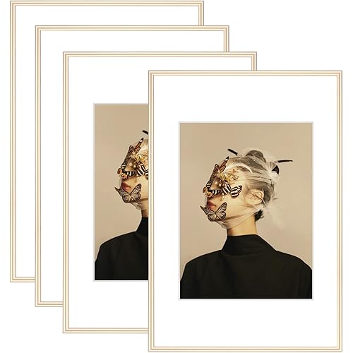 Fkvat 8x12 Picture Frame Set of 4, Matted Brass Simple Modern Thin Aluminum Metal Photo Frame Fits 6x8 with Mat or 8 x 12 without Mat Photo. Display for Tabletop or Wall Collage. (8x12 Brass).