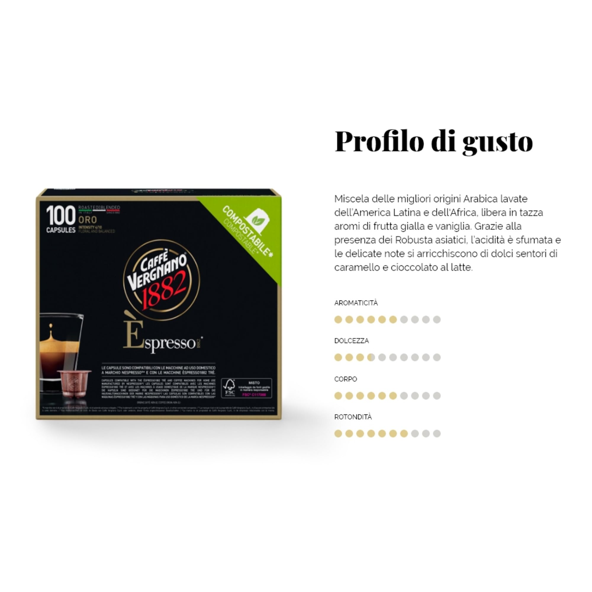 Caffè Vergnano 1882 - 100 Capsule Caffè Compostabili e Compatibili con Nespresso, Oro - Pack da 100 capsule