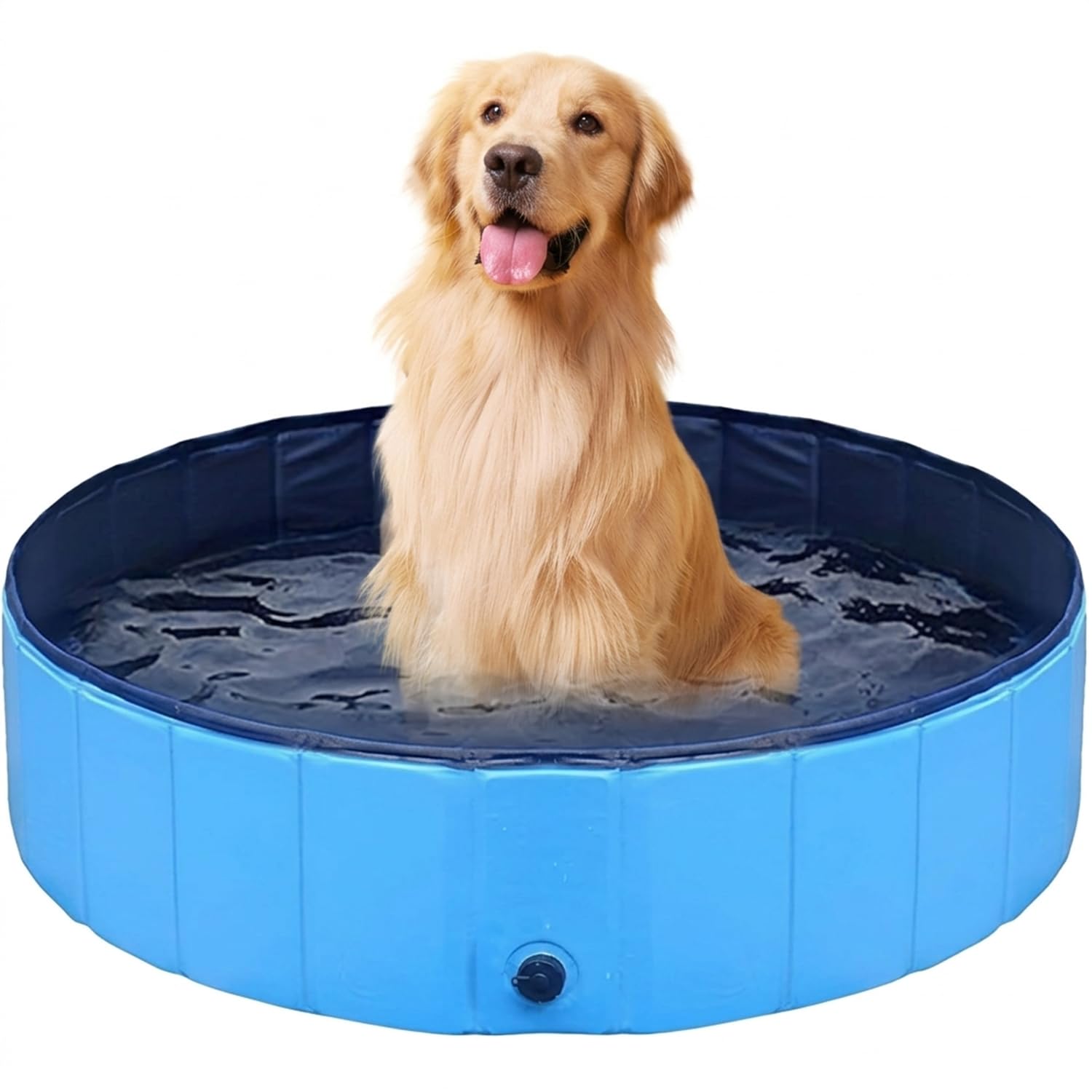 Hundepool Faltbar, Anti-Rutsch Planschbecken für Hunde & Katzen, Robuste Hundebadewanne aus 3-lagigem PVC & MDF, Wasserdichter Schwimmpool mit Abfluss für Garten Bad (100x30cm)