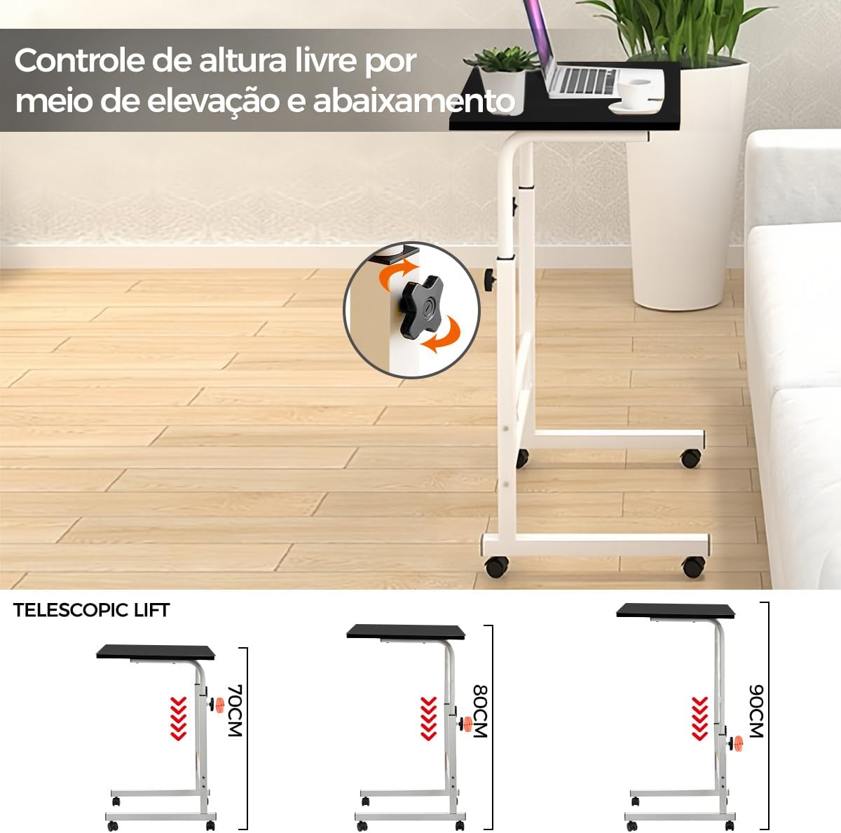 Mesa ajustável dobrável, mesa de cabeceira multifunctional, mesa de notebook lateral com ajuste de altura (Preto)