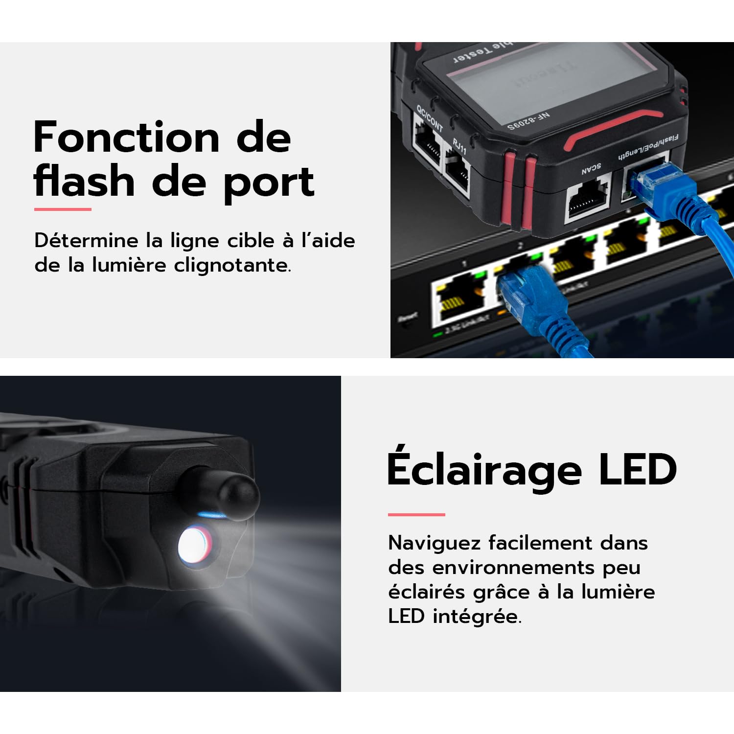 Mcbazel Testeur de Câble Réseau Avancé, Test de Réseau PoE, Sertissage de Connecteurs, Détection de Points de Rupture, Détecteur de Lignes Compatible CAT5/CAT6
