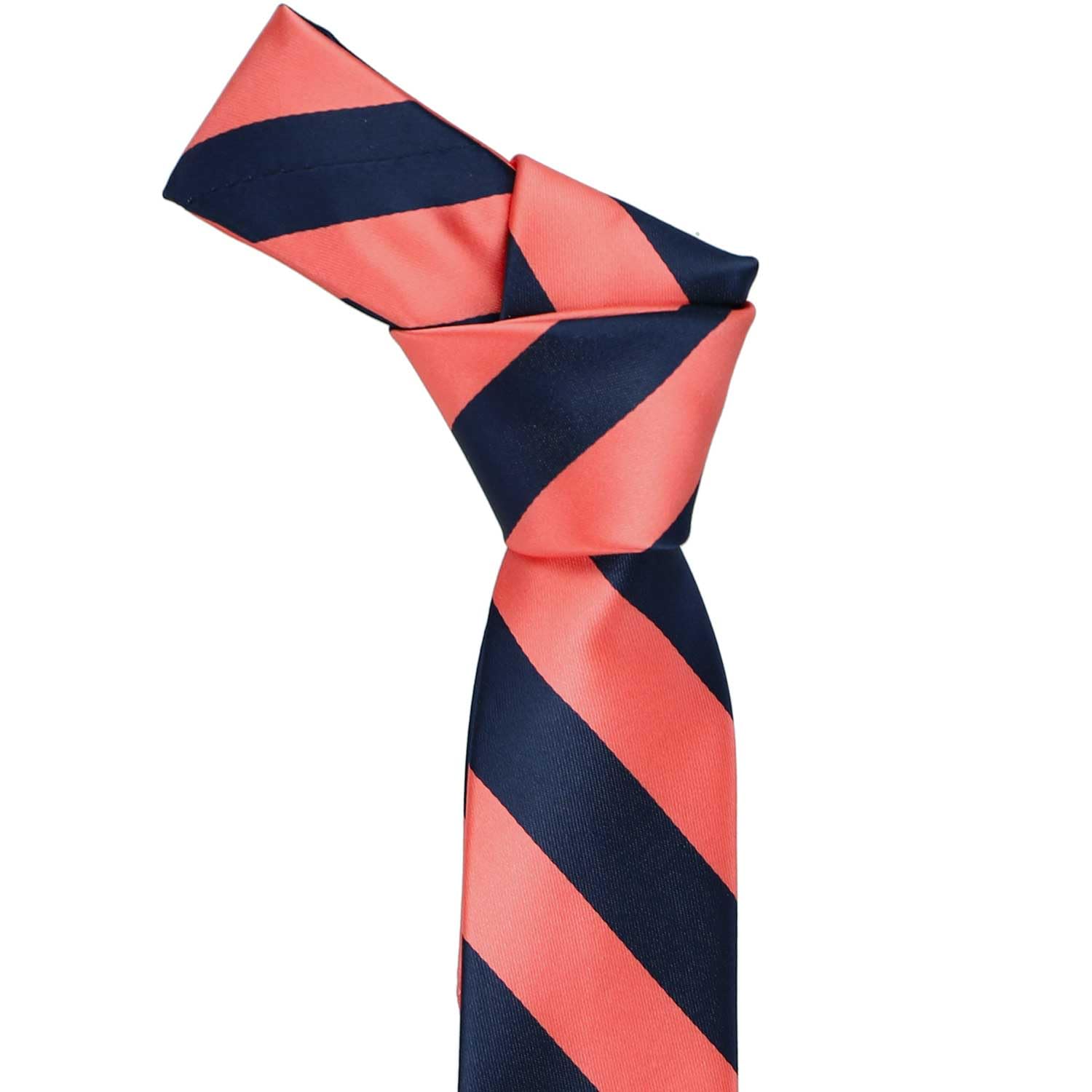 tiemart Boys' Neckties for 8 to13 years old (Bright Coral and Navy Blue Striped)