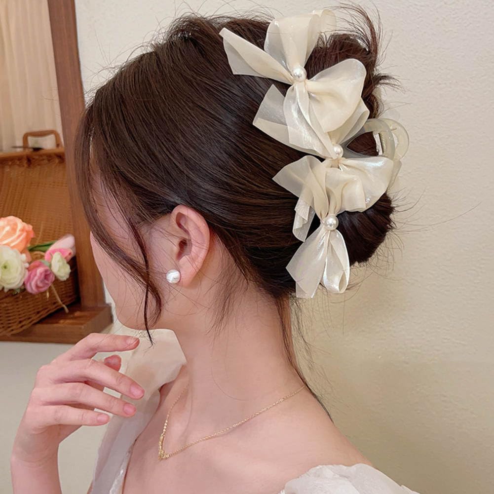 2 PCS Big Bow Hair Claw Clips for Thick Hair for Women Pearl Non Slip Large Bow Hair Claw Hair Accessories for Women Girls - Image 4