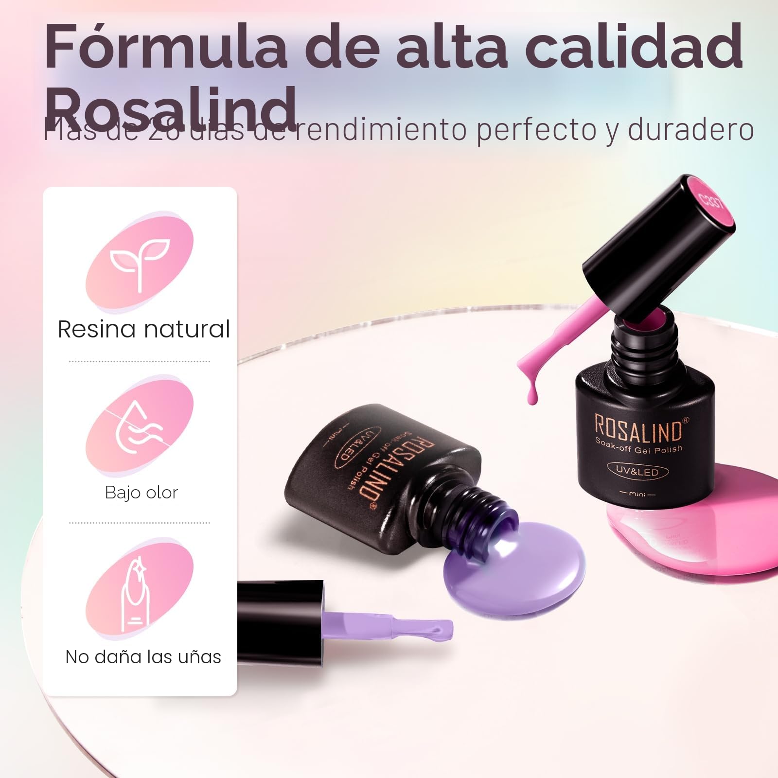 ROSALIND Uñas Semipermanentes Kit Completo Lámpara 48W, 44+4 Piezas Kit Uñas Semipermanentes Rosa Verde Rojo Azul Morado Gris Pintauñas Gel Manicura Regalo