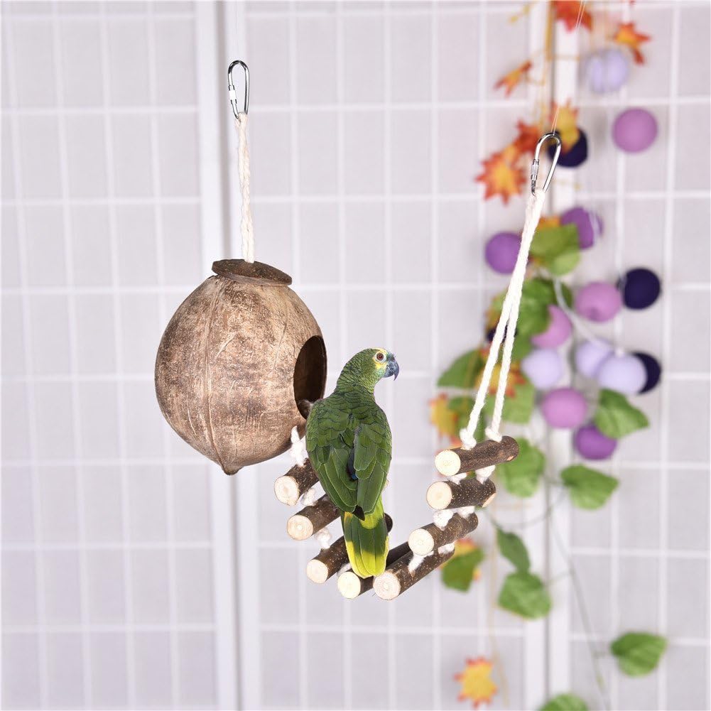 Hypeety Pet Bird Breeding Nest Coconut House Swing Ladder Toys Parrot Parakeets Finches Hamster House Natural Nest Lovebird Cage Hanging Swing Perch (C:Coco Cage Perch Toy) : Pet Supplies