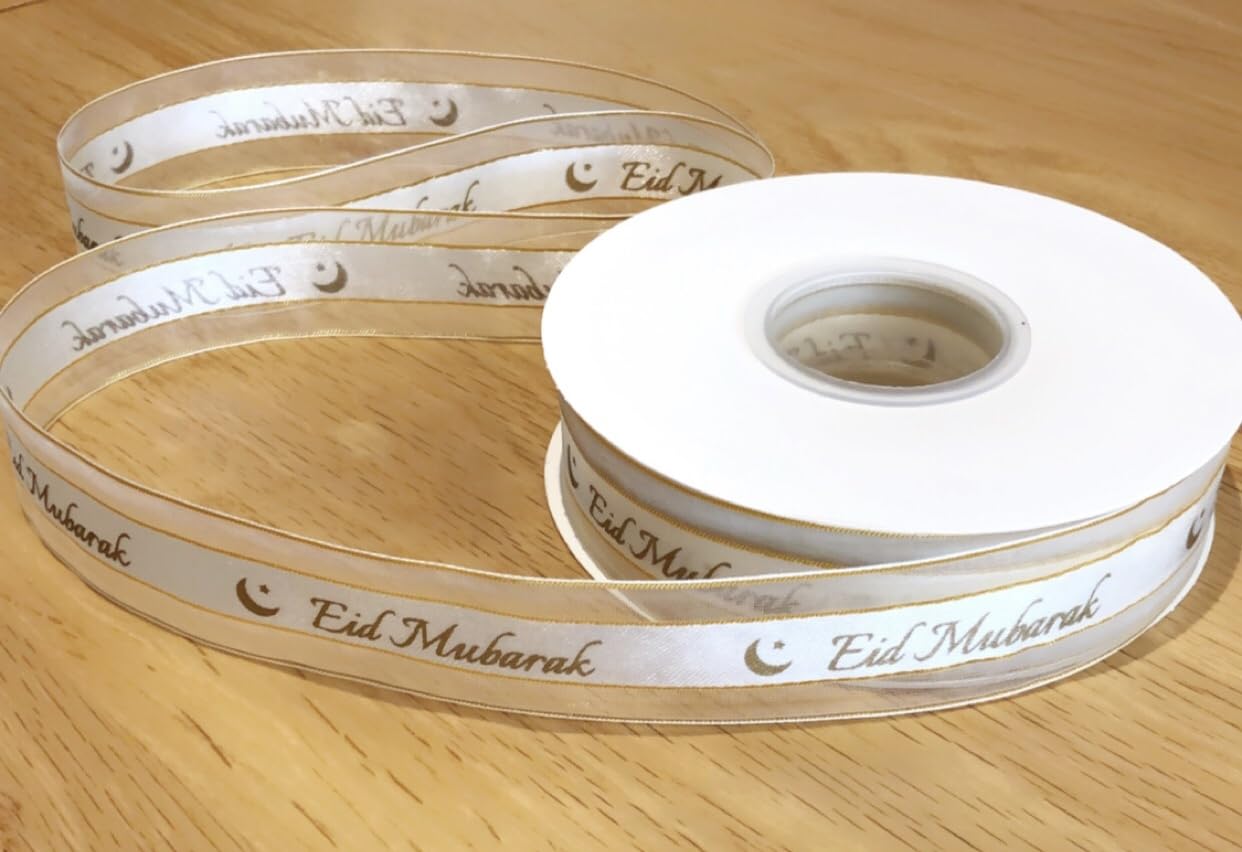 5M Eid Mubarak Ribbon, White, Organza, Gifts, Presents, Hampers, Gift Wrapping, Bow Making, Decorations. (White)