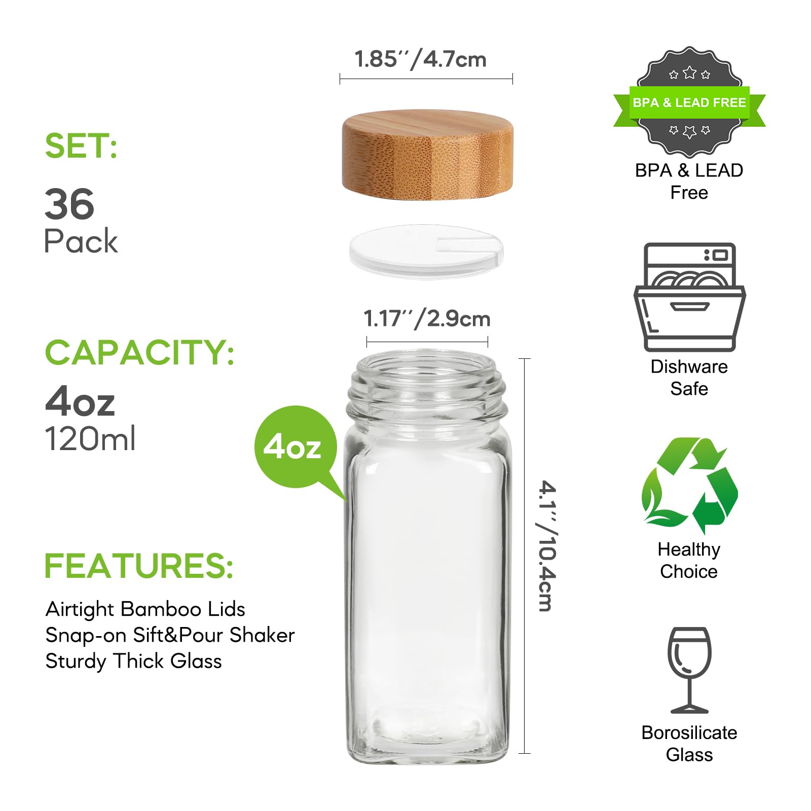 Lot de 36 pots à épices en verre de 113,4 g avec couvercles en bambou, récipients à épices carrés vides avec 319 étiquettes à épices vierges et imprimées, entonnoir pliable pour armoire de