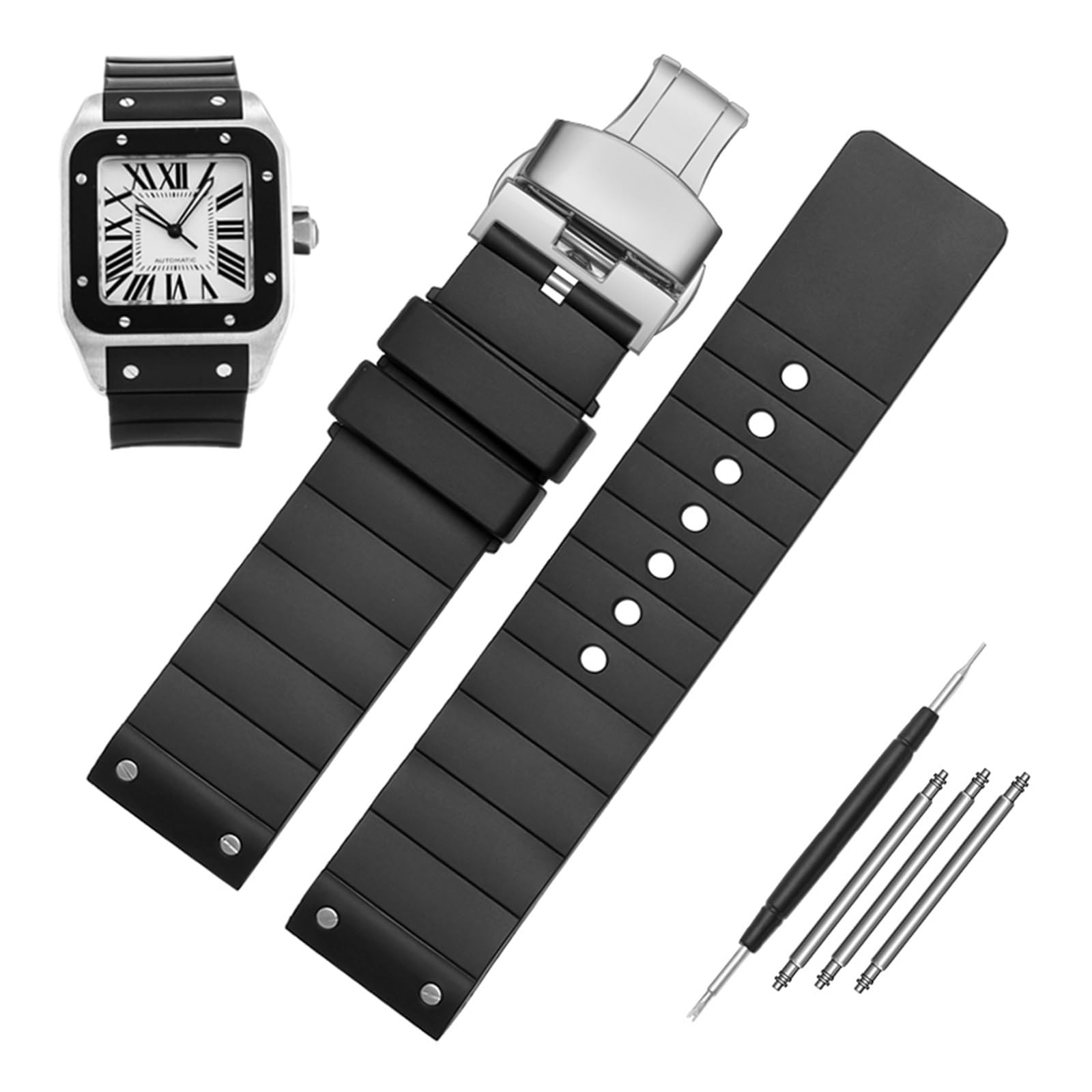 PURYN 23mm Watch Strap for Cartier Santos Sandoz Santos 100 Silicone Watch Strap Rubber Men and Women Black