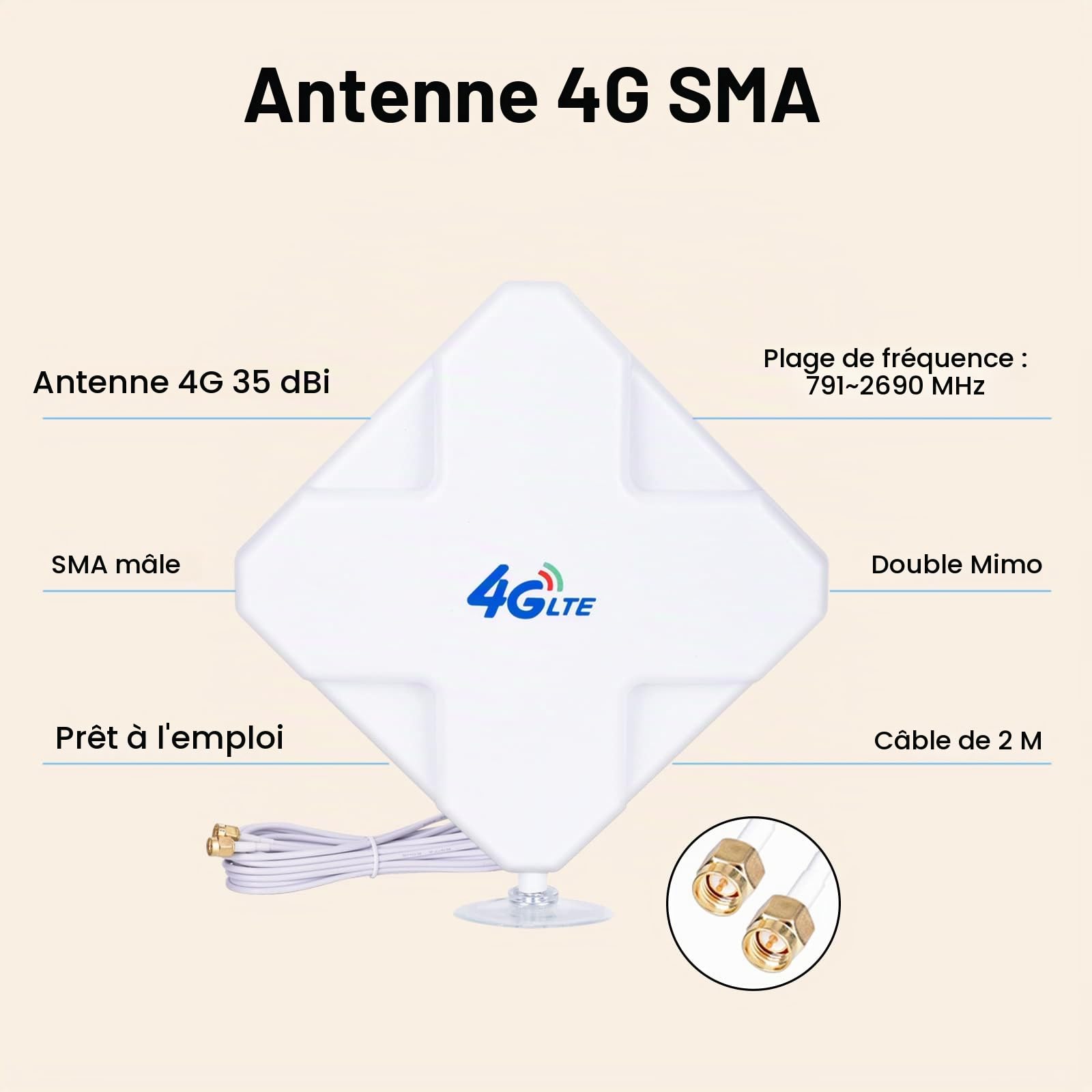 4G LTE Antenne SMA, Connecteur Amplificateur de Signal d'extérieur récepteur 35dbi Haut Gain Réseau à Longue Portée Ethernet pour WiFi routeur Haut débit Mobile (SMA)