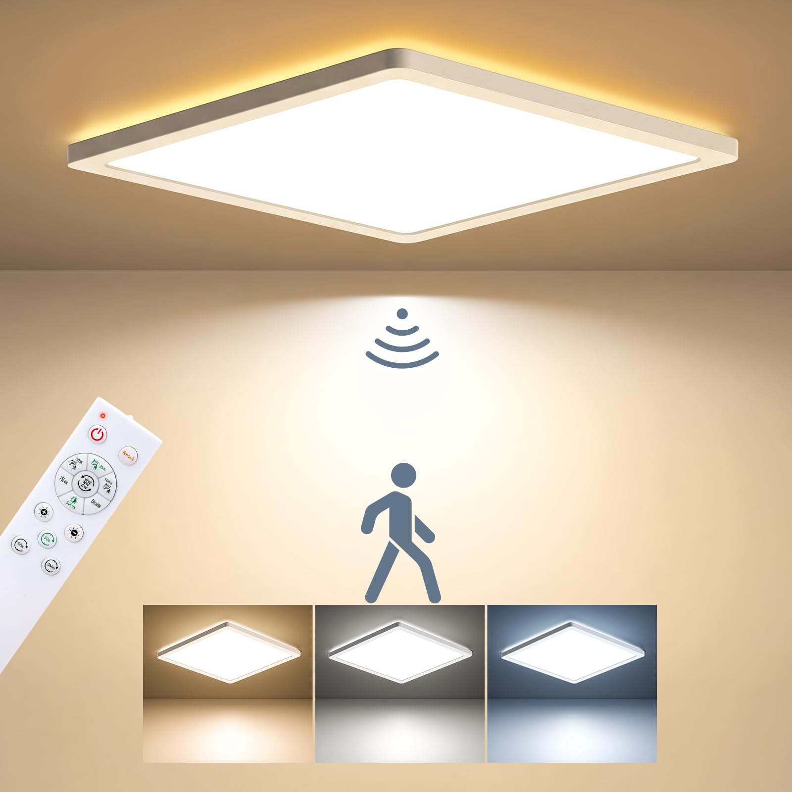 BLNAN LED Deckenleuchte mit Bewegungsmelder Radar, 24W Deckenlampe Flach mit Fernbedienung, Panel Bewegungssensor, Warm Neutral Kalt Weiß für Bad, Flur, Treppe, Toilette, Garage, Keller, Balkon 30cm