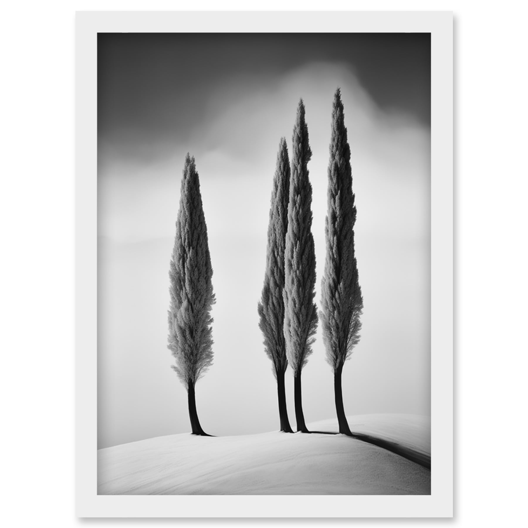 Artery8 Group of Cypress Trees on Snowy Hill Minimalist Black and White Photograph Cypresses in Foggy Winter Landscape Artwork Framed Wall Art Print A4