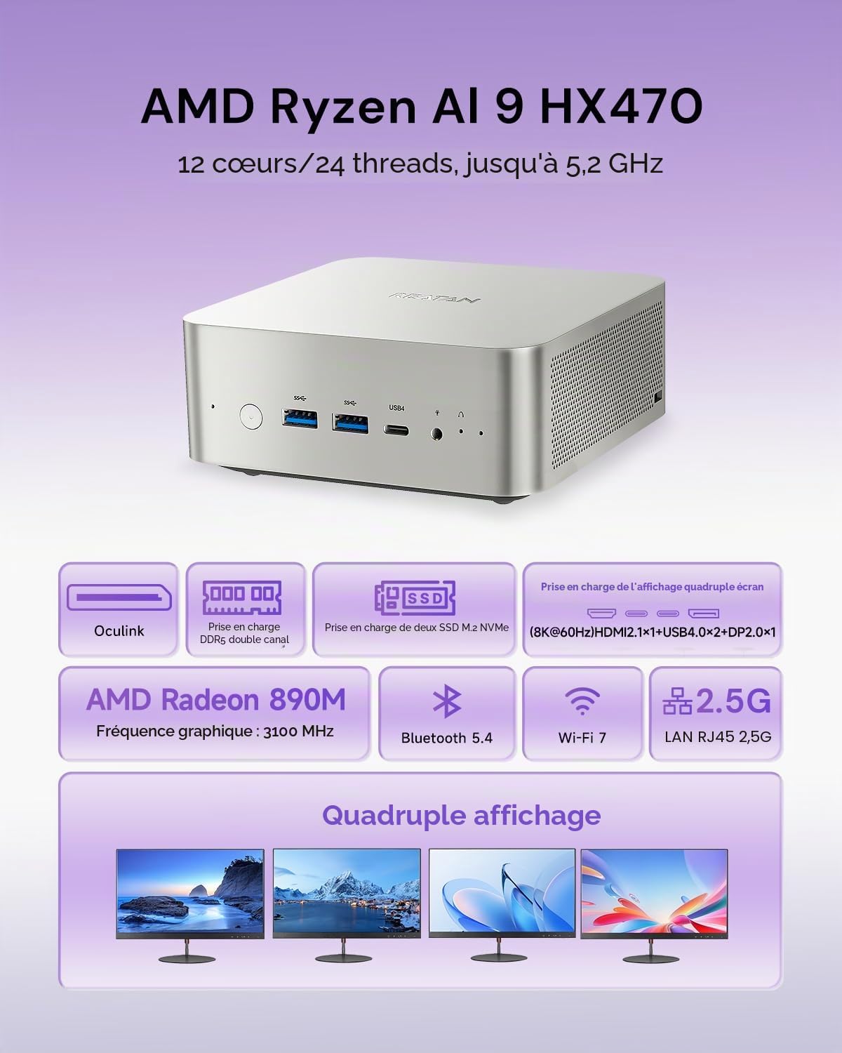 Reatan X8 Mini-PC,avec AMD Ryzen AI 9 HX-470 (12C/ 24T, Max 5,2 GHz),48Go DDR5,2To SSD PCIe 4.0,Radeon 890M,Ordinateurs Mini en Aluminium,OCuLink,2X USB4,4K Quad-Écran,Wi-FI 7/BT5.4,2,5G LAN