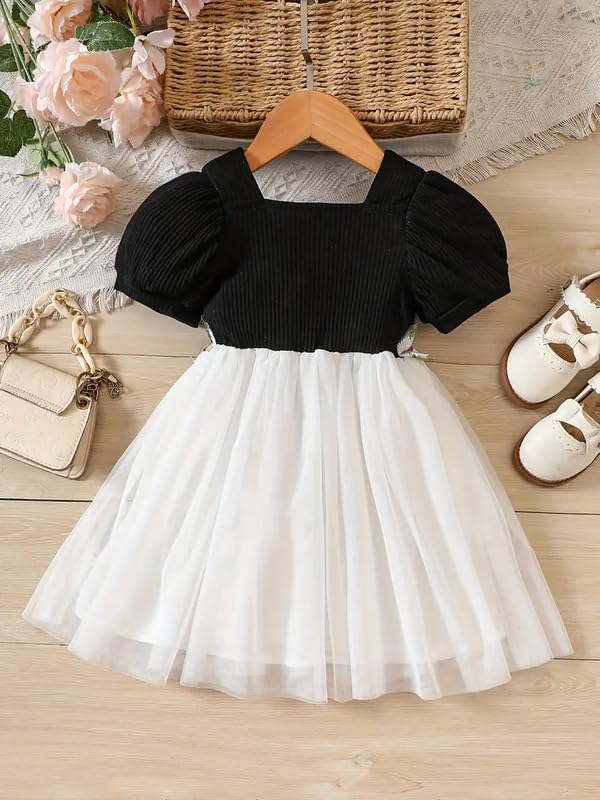 Image of Niren Enterprise Baby Girl Frock - Short Sleeve Embroidered Floral Dress with Belt, Square Neck, 1-Pack