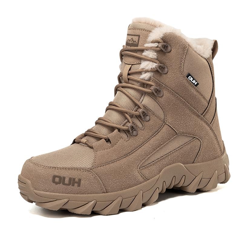QUH Winter Snow Boots Waterproof Military Training Fur Lined Anti Slip Warm Boots Thickened Cotton Walking Ankle Boots For Man