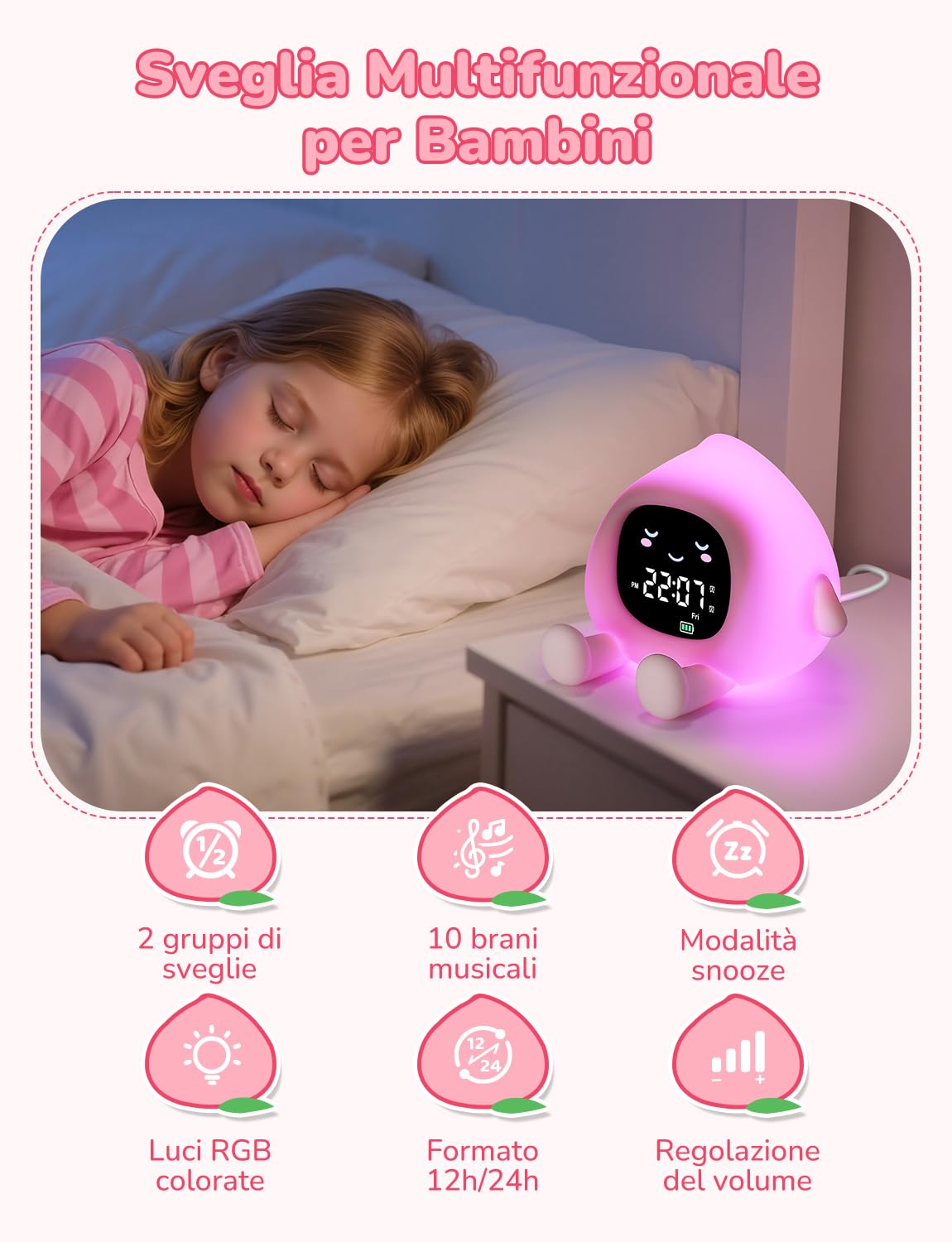 YISSVIC Sveglia Bambini Educativa con 2 Allarmi, Luminosità Regolabile, Formato 12/24h, Snooze e Luce Notturna 7 Colori (30s Auto-spegnimento). Include 10 Melodie e Rumore Bianco