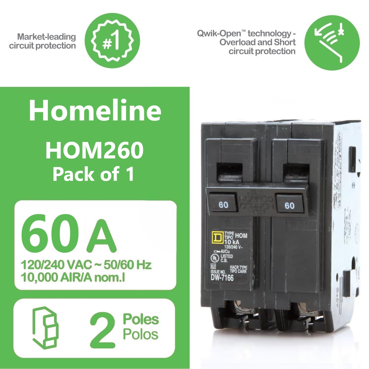 Square D HOM260 60 Amp (60A) Genuine Double Pole (2 Pole) Homeline Circuit Breaker, 120/240V AC, 10kAIC, Plug-in Mount for Homeline Load Centers, New Replacement Breaker – Pack of 1