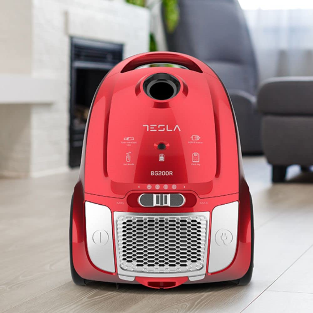 TESLA Aspirador BG200R con Bolsa, 800W, Depósito 2L, Filtro HEPA Lavable, Radio de Trabajo de 8m, Rojo