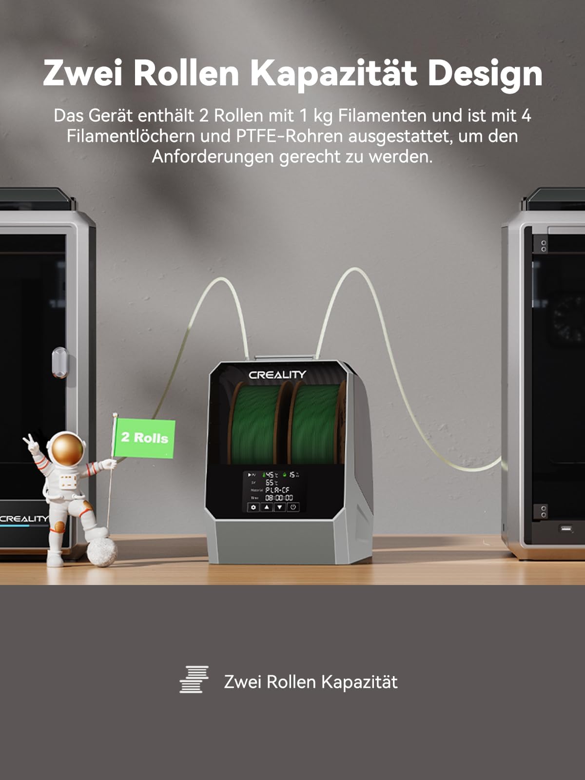 Creality Space PI Plus Filament Trockner, 2-Rollen-Kapazität mit 48h Timer, 3,7 Zoll Touchscreen, PTC-Heizung & 360° Heißluftzirkulation für PLA/ABS/TPU/PETG/ASA (1,75mm/2,85mm)