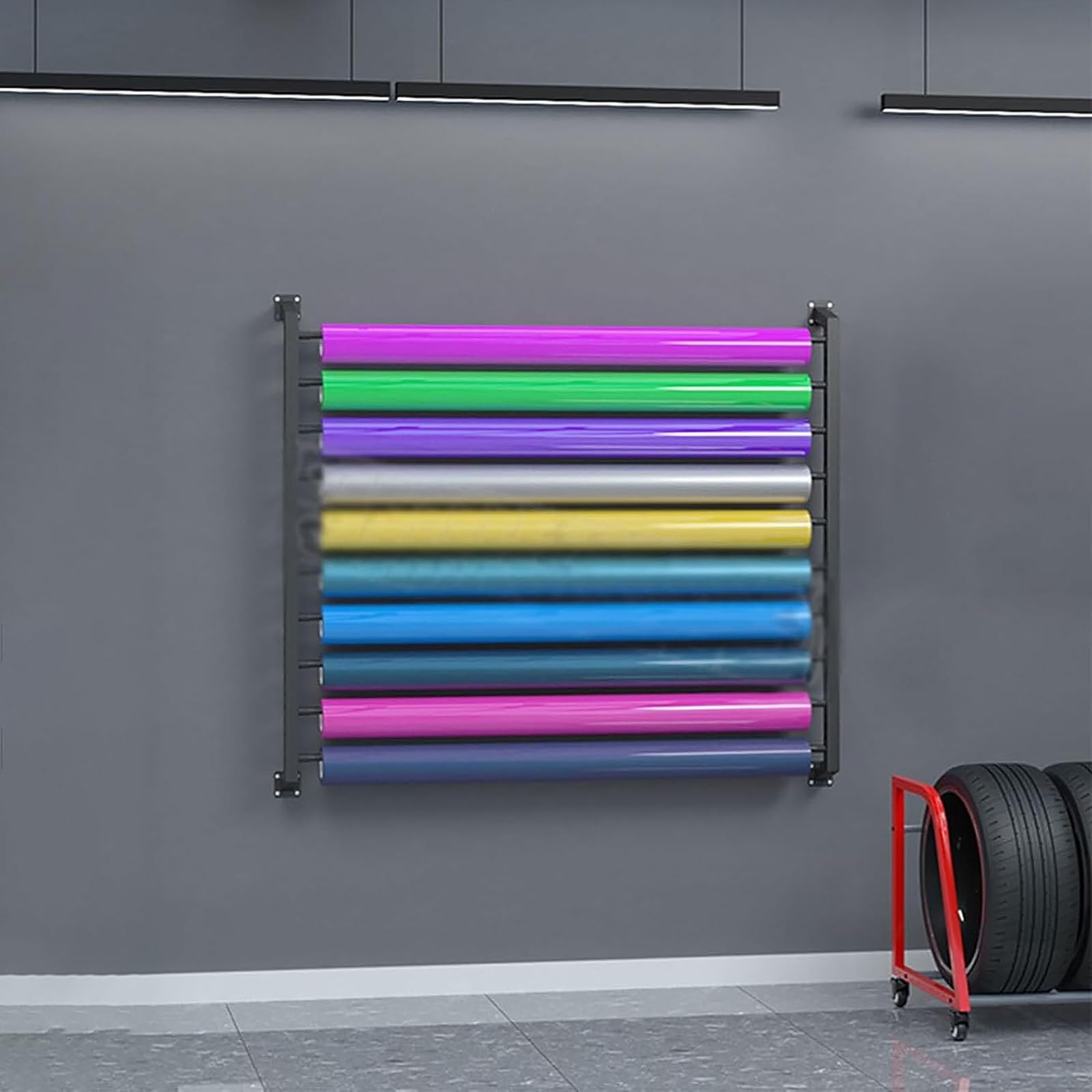 Soporte metálico de 10 niveles para vinilo de coche, expositor de rollos de tela para pared con barra ajustable, organizador de papel tapiz para películas de ventanas de coche comerciales, para garaje