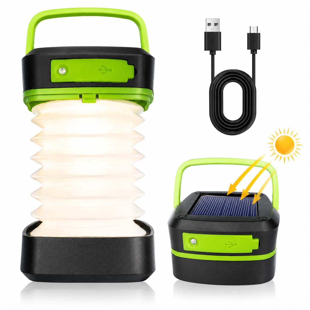 Lampa kempingowa LED, składana, solarna latarnia kempingowa, z 2 metodami ładowania (solarna/USB) i 3 trybami świecenia, na kemping, do wędkowania, w sytuacjach awaryjnych (zielona)