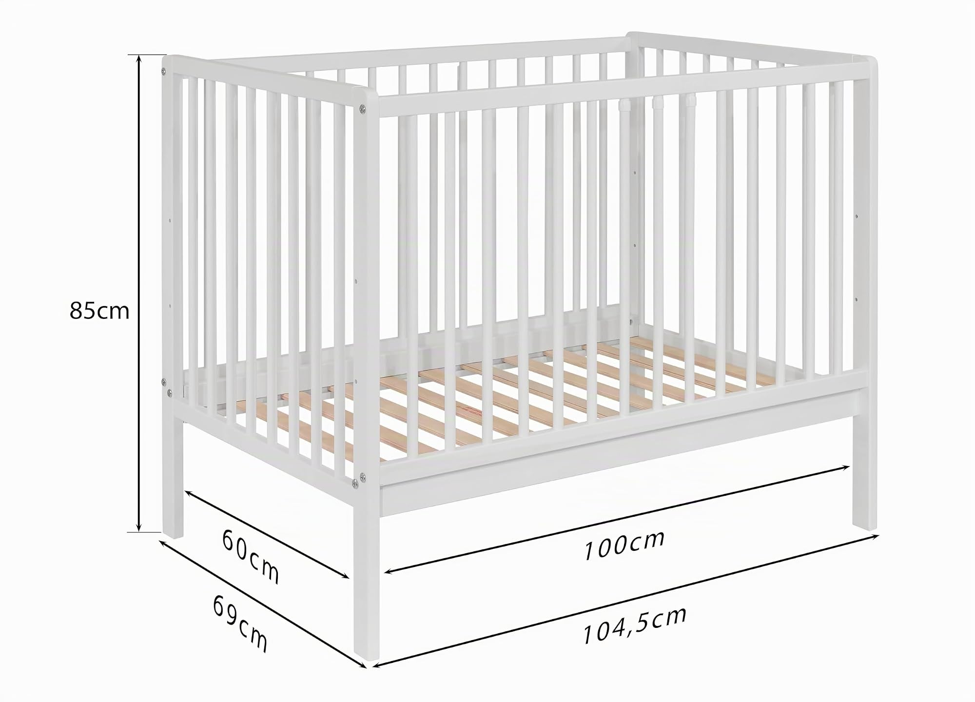 Lettino per Neonato GIULIA 100x60 cm con Materasso – in Legno Massello di Faggio, 3 Livelli Regolabili, Sbarre Rimovibili, Conforme EN 716, Colore Naturale (Bianco)
