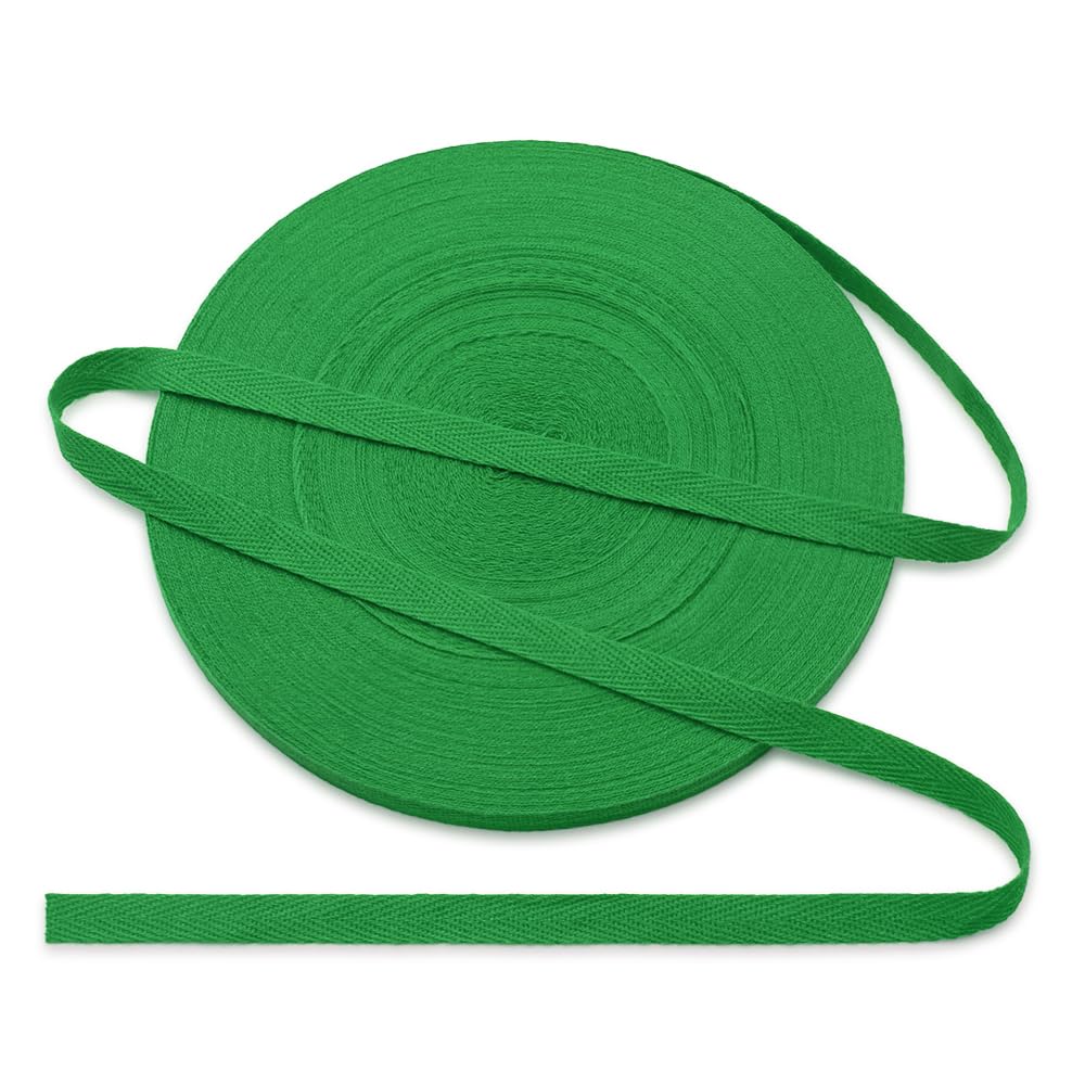 Jamsinmu Cotton Bias Binding Tape 10 mm, Herringbone Tape Cotton Tape with Herringbone Pattern, Cotton Strap Tape 10 mm, Cotton Ribbon 1 cm, Grass Green C204, 45 Yards
