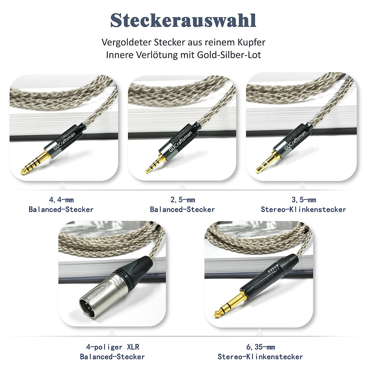 GUCraftsman Upgrade-Kabel aus 6N Einkristall-Silber für SENNHEISER HD 800, HD 800 S, HD 820 Kopfhörer (3,5 mm Stecker)