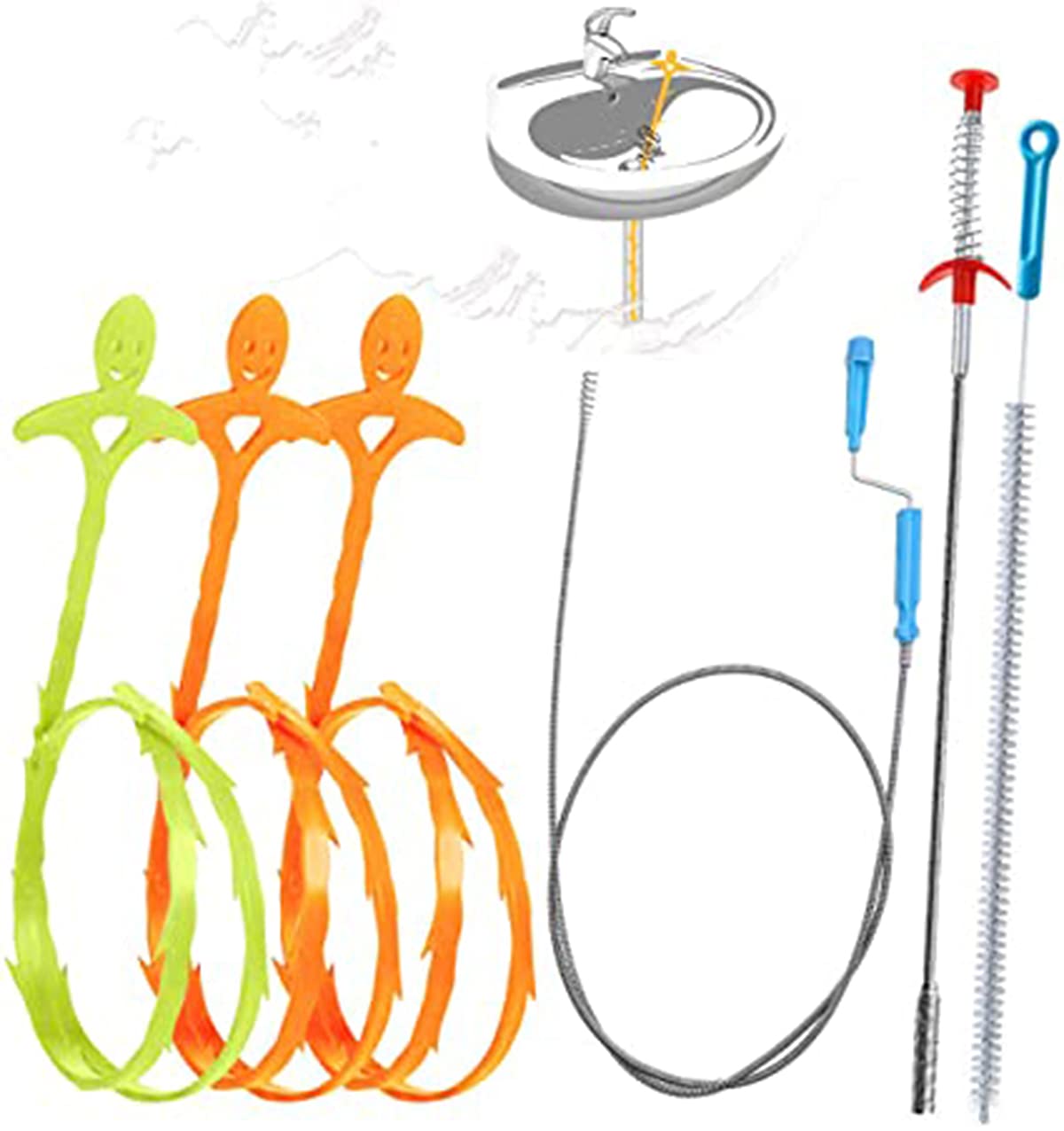 KASTWAVE Drain Depilator Sink Dredge Cleaning Tool Kit, Suitable for Kitchen Sink Bathroom Bathtub (6 in 1 2*stainless Drain Block Remover+3*plastic Drain Snake+1*drain Cleaning Brush)