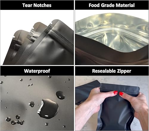 Miniatura 2 de Paquete de 100 bolsas de Mylar negro mate  5.5 x 7.8 pulgadas, resellables a prueba de olores, bolsas de alimentos con cremallera, bolsa sellable de