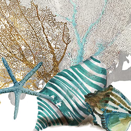 JAPO ART White Coral Wall Art Coastal Wall Decor Beach Bathroom Decor Sea Shell Pictures Sea Fan Nautical Painting Ocean Wall Art for Livingroom Bedroom Home Walls 12x12Inchx2pcs - Image 3