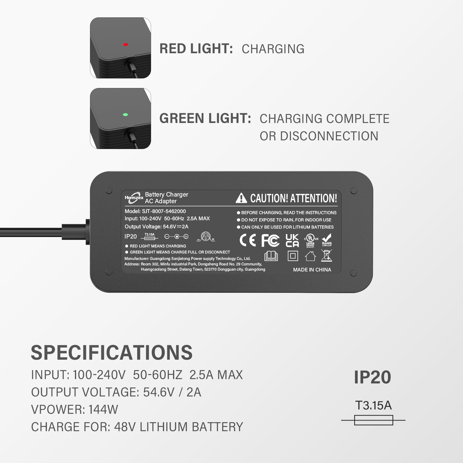 54,6V 2A Chargeur Trotinette Electrique pour UrbanGlide Ecross Pro, Kugoo M4/M4 Pro, Hitway H5/H5 PR0, JOYOR, Speedway, Urbetter etc., Charge Rapide de 144W pour Batterie Lithium 48V