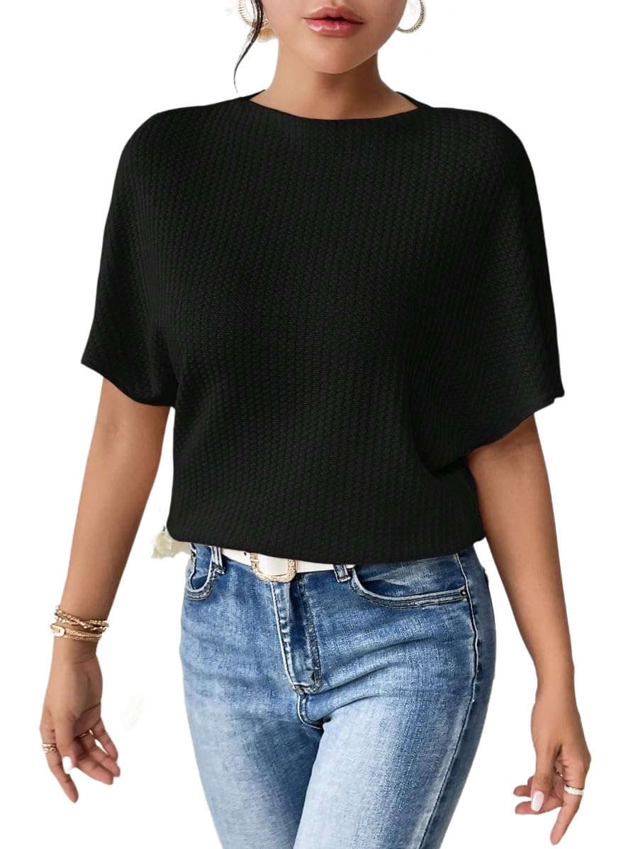 ZilconWomen Fashion Fall Batwing Half Sleeve t Shirt for Woman Boat Neck Oversized Tunic Tops Casual Waffle Knit Tshirt Tops for Women